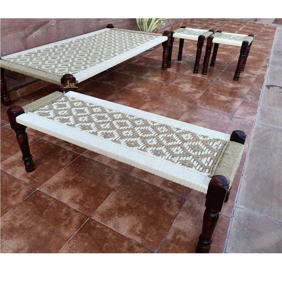 Rajasthani Wooden Charpai, Bench and 2 Stools Set (White Jute) | Rajasthani wooden charpai set online | JAE Furniture
