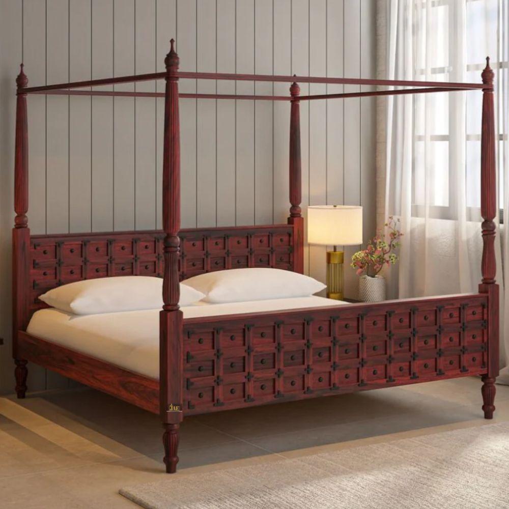 Triven Wooden Poster Bed for bedroom | buy poster beds online | Four Poster Bed | Solid Wood Double Bed | JAE Furniture