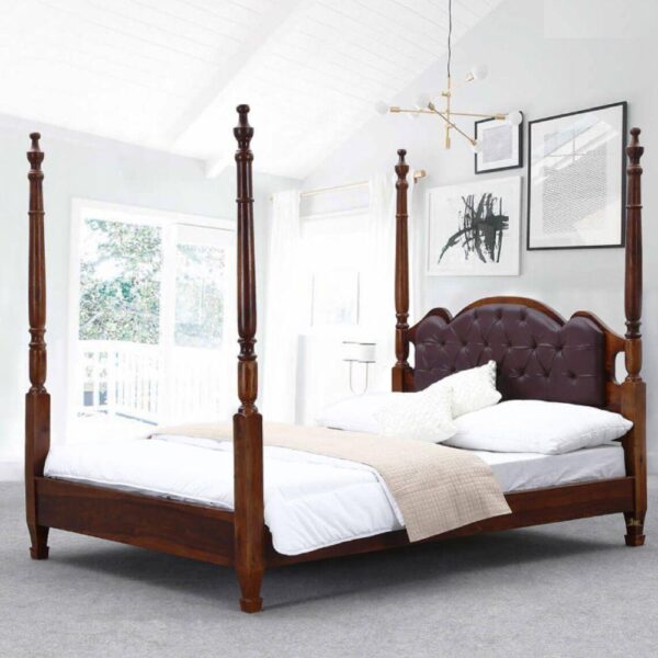 Emiko Wooden Poster Upholstered Bed | Four poster bed online for bedroom | JAE Furniture