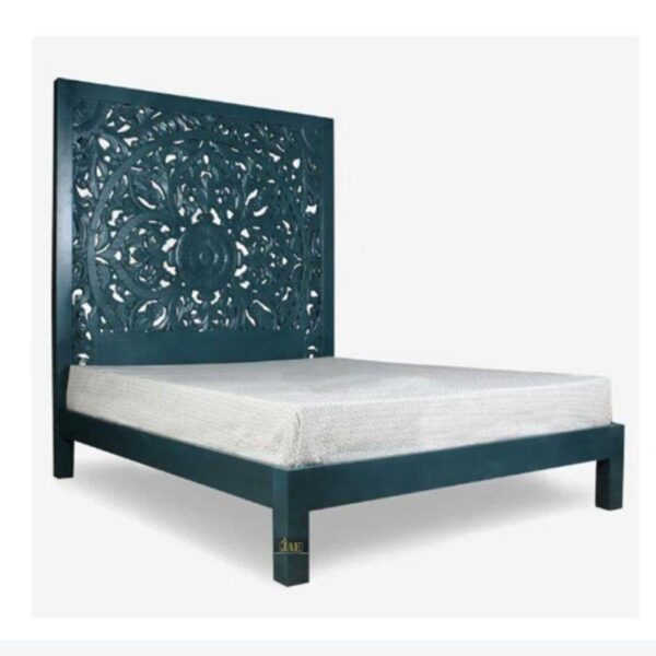 Praja Wooden Carved Designer Bed (Blue) | wooden queen size bed online | JAE Furniture
