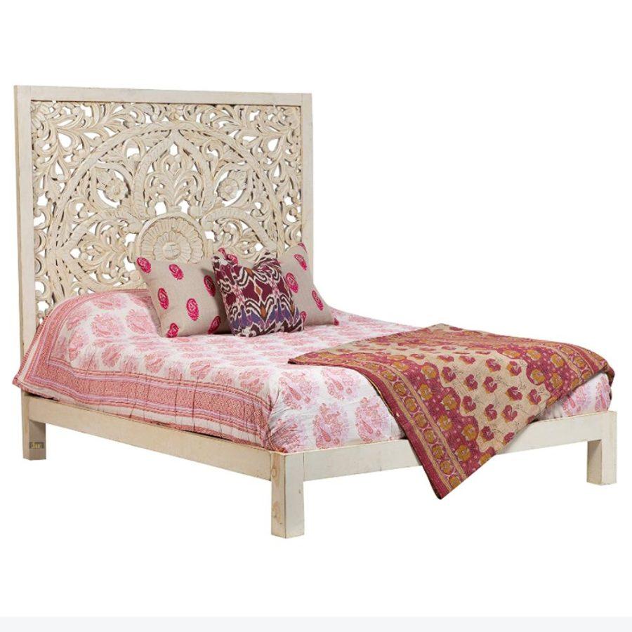 Praja Wooden Carved Designer Bed (Antique White) | buy wooden queen size bed in India | JAE Furniture