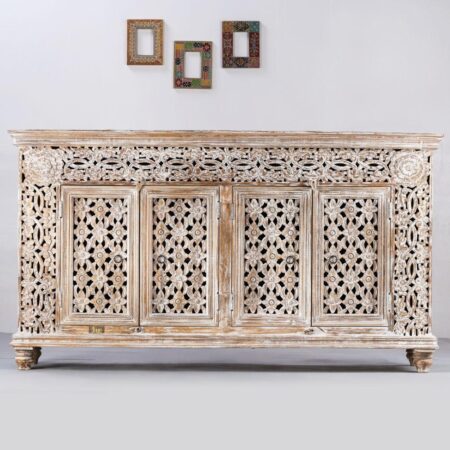Eistha Wooden Carved Sideboard (White Distress) | buy crockery unit online | wood sideboard cabinets in India | JAE Furniture
