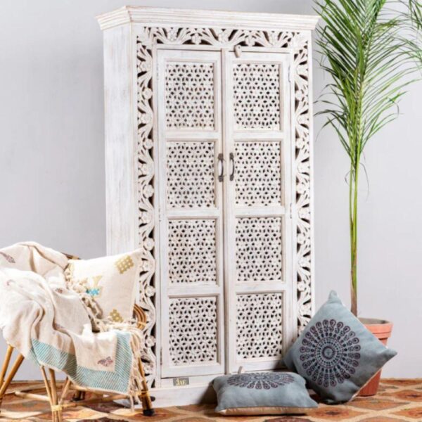 Bartha Wooden Carved Storage Wardrobe | Modern Wooden Wardrobe for bedroom decor | JAE Furniture