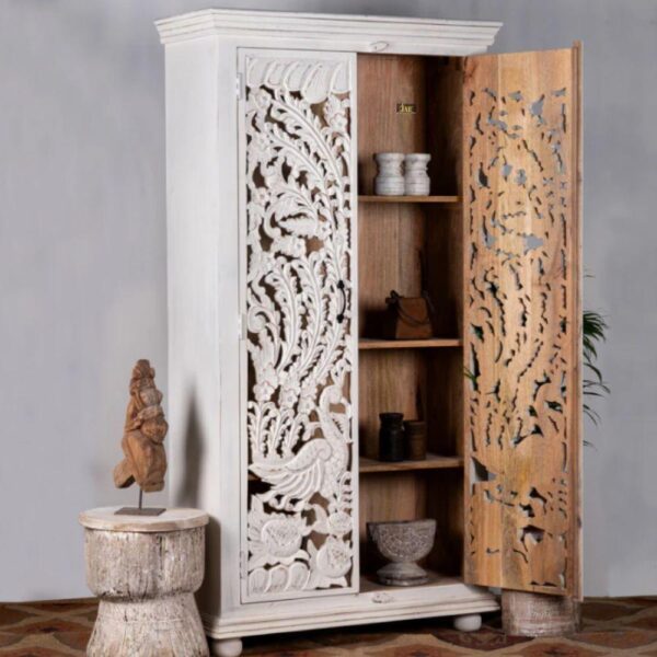 Denzil Wooden Carved Storage Wardrobe | modern wooden wardrobe online for storage | JAE Furniture