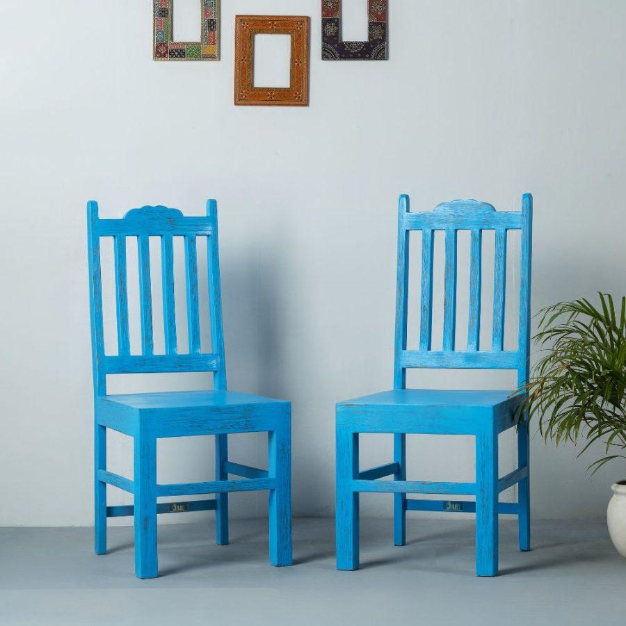 Keval Wooden Dining Chair (Blue Distress) | premium wooden dining chairs online in India | JAE Furniture