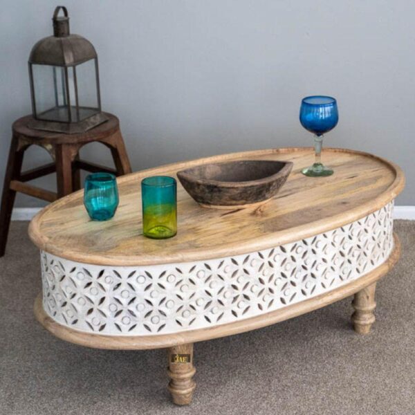 Kara Wooden Carved Coffee Table (White Natural) | solid wood coffee table online | JAE Furniture