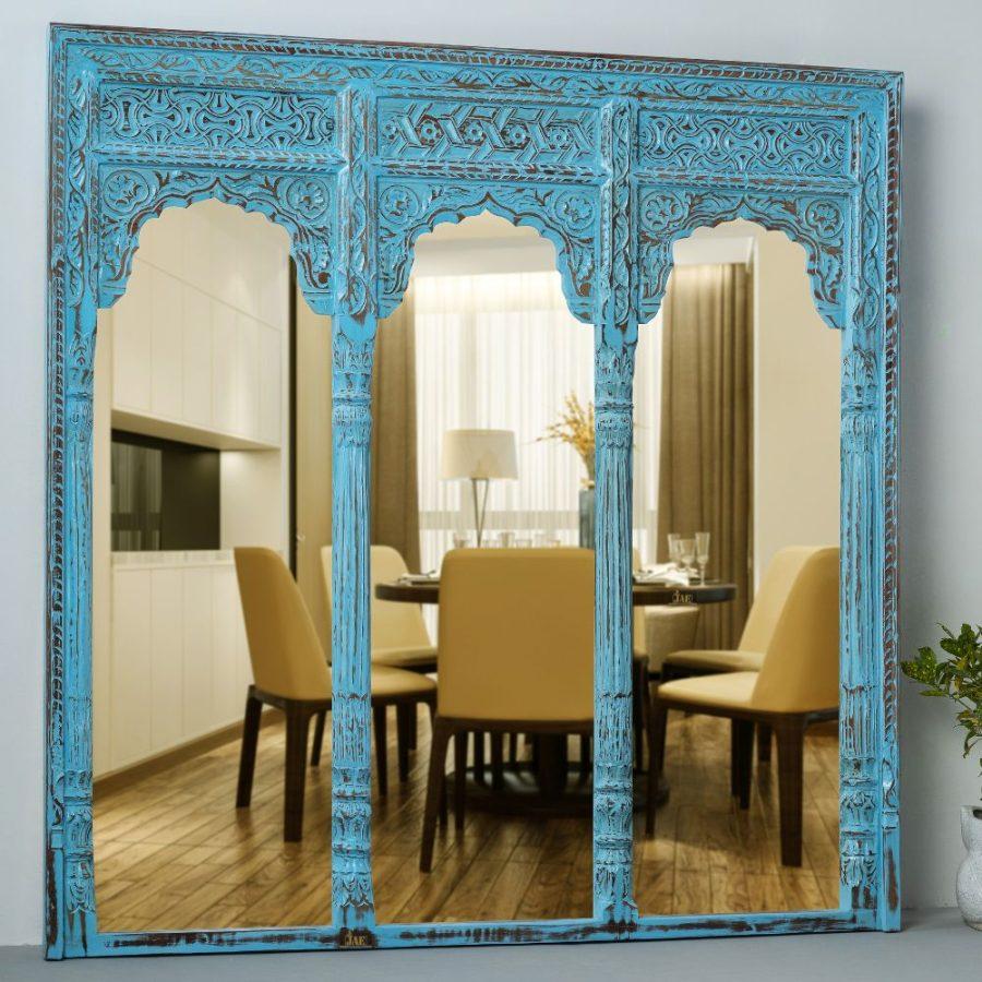 Haver Wooden Carved Mirror Frame Jharokha (Blue Distress) | wood frame mirror | JAE Furniture