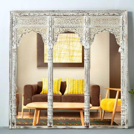 Haver Wooden Carved Mirror Frame Jharokha (White Distress) | best wood frame mirror for bedroom | JAE Furniture