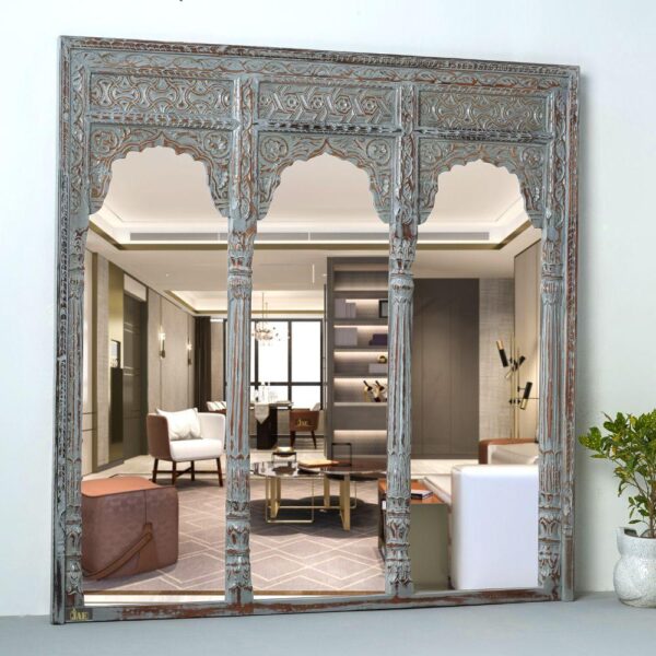 Haver Wooden Carved Mirror Frame Jharokha (Grey Distress) | buy wood carving mirror frame online | JAE Furniture