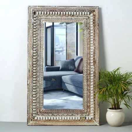 Bia Wooden Carved Mirror Frame (White Antique) | buy wood carving mirror frame in India | JAE Furniture