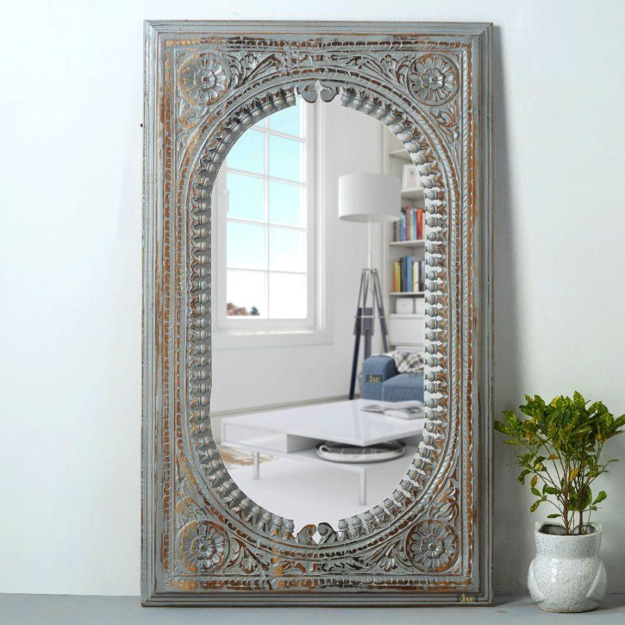 Ania Wooden Mirror Frame (Grey Distress) | wood frame mirror online in India | JAE Furniture