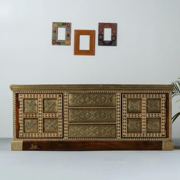Hunika Wooden Brass Fitted Antique TV Unit | buy wooden tv cabinet online in India | JAE Furniture