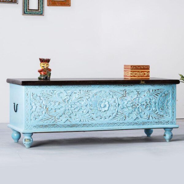 Buy Wifo Wooden Carved Storage Coffee Table Trunk (Blue Distress) Online | wood coffee table | wooden trunk | JAE Furniture
