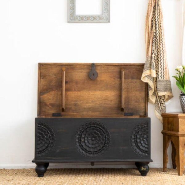Rafi Wooden Storage Trunk cum Coffee Table (Black Distress) | wooden trunk online | buy wood coffee table | JAE Furniture