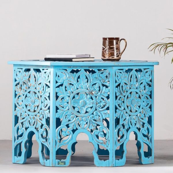 Buy Omia Wooden Carved Coffee Table(Blue Distress) Online | wood coffee table | JAE Furniture