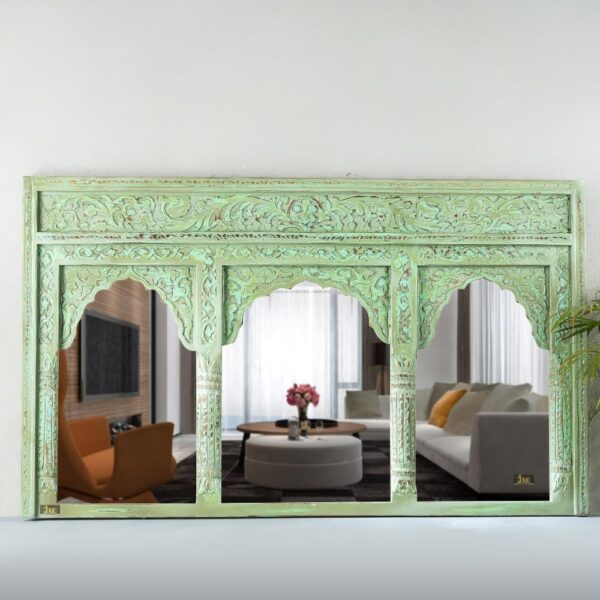 Kani Wooden Mirror Frame (Light Green Distress) | wood carving mirror frame online | JAE Furniture
