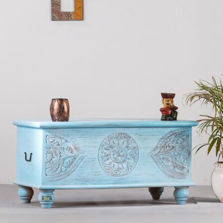 Buy Devin Wooden Carved Storage Trunk Cum Coffee Table (LightBlue Distress) Online | wood coffee table | JAE Furniture