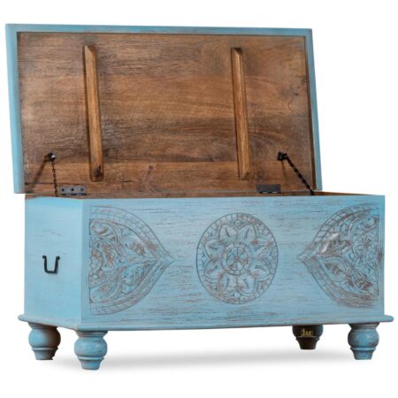 Buy Devin Wooden Carved Storage Trunk Cum Coffee Table (LightBlue Distress) Online | wood coffee table | JAE Furniture