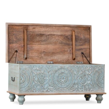 Buy Natura Wooden Storage Trunk cum Coffee Table (Light Blue Distress) Online | wood coffee table | wooden trunk box | JAE Furniture