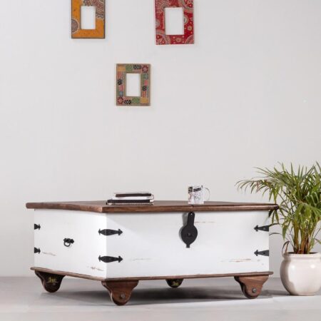 Buy Boran Wooden Tea Table Trunk Storage (White Distress) Online | wood coffee table | wooden trunk | JAE Furniture
