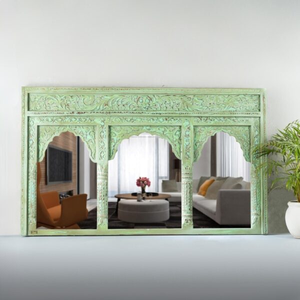 Kani Wooden Mirror Frame (Light Green Distress) | wood carving mirror frame online | JAE Furniture