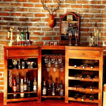 Kumase Wooden Brass Fitted Bar Cabinet Antique | best wooden bar cabinet in India | JAE Furniture