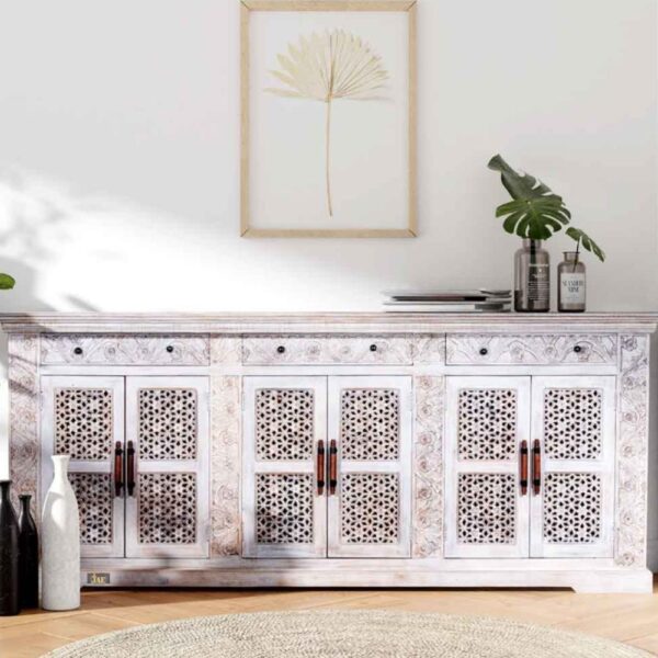 Efen Wooden Large Carved Sideboard (White Distress) | wooden crockery cabinet online | dining room sideboard in India | JAE Furniture