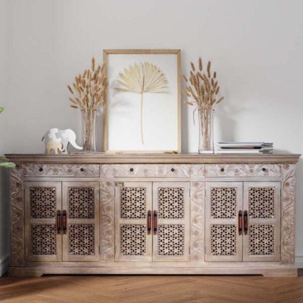 Efen Wooden Large Carved Sideboard (Smoky Brown) | best crockery unit online | dining room sideboard cabinet in India | JAE Furniture