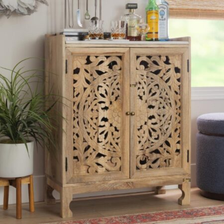 Suyas Wooden Carved Bar Cabinet with Marble Top | modern bar cabinet online | JAE Furniture