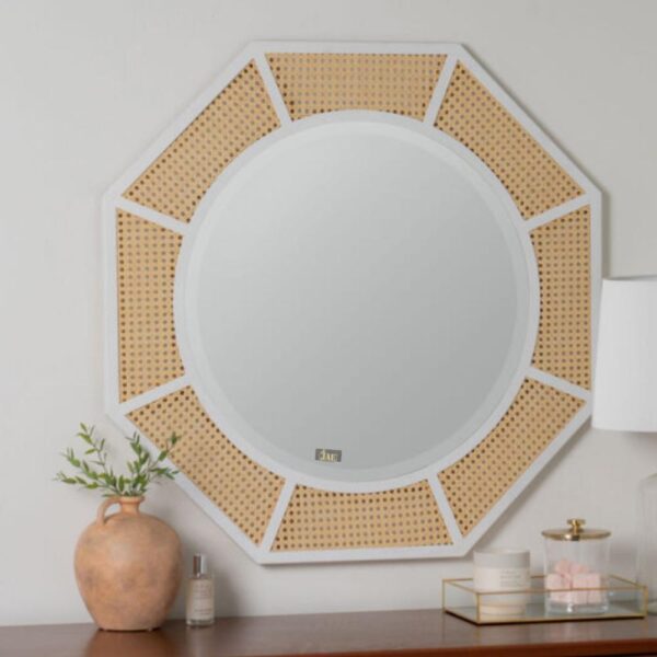 Jagan Wooden Rattan Cane Mirror Frame (White) | wood frame mirrors online | JAE Furniture