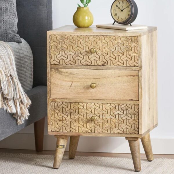 Hesi Wooden Carved Bedside Side Table | wooden bedside table for storage | JAE Furniture