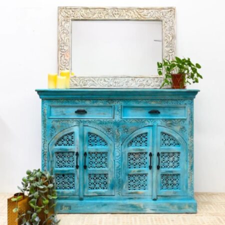 Lookea Wooden Carved Storage Cabinet (Blue Distress)