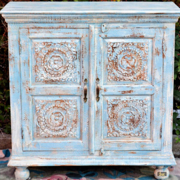 Greiv Wooden Carved cabinet for Storage (Light Blue Distress)