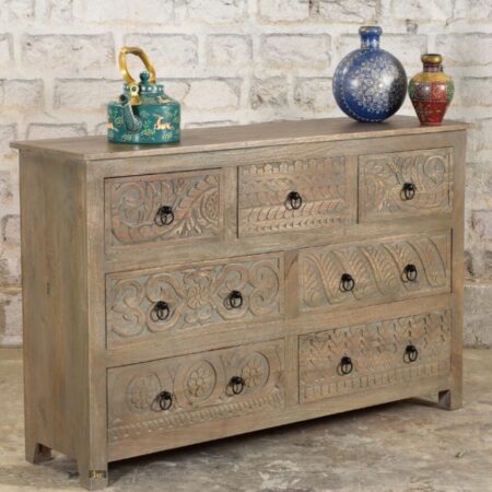 Subero Wooden Carved Chest of Drawer in Antique Finish