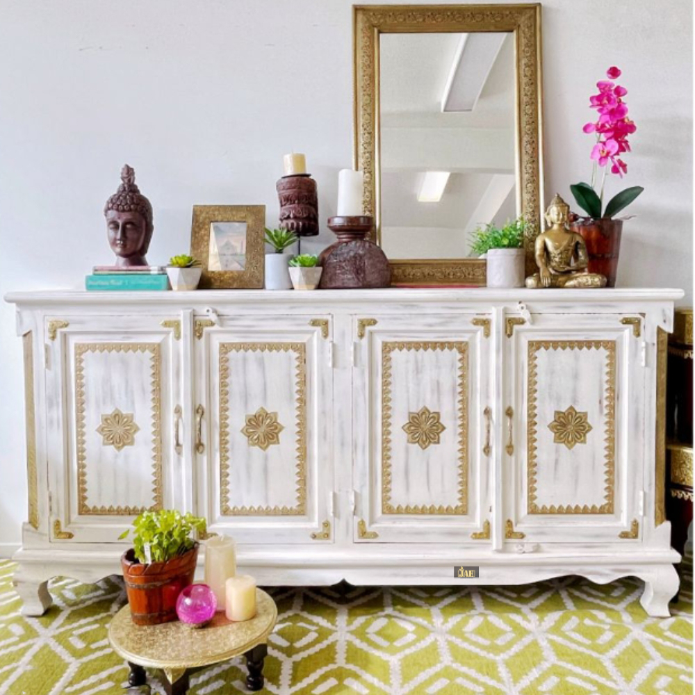 Sidhev Wooden Brass Fitted Antique Sideboard