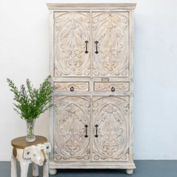 Meuble Wooden Carved Storage Wardrobe Almirah | best modern wooden wardrobe online | JAE Furniture