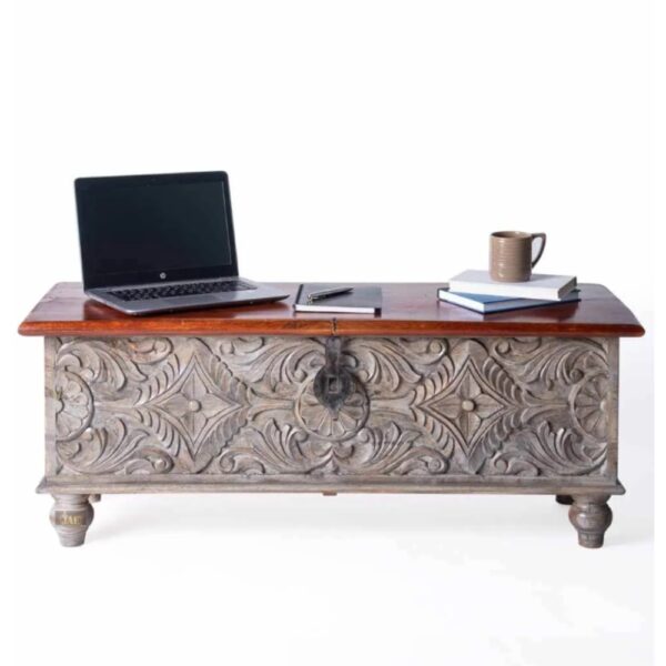 Sobero Wooden Carved Trunk Centre Table | wood coffee table online | wooden trunk box | JAE Furniture