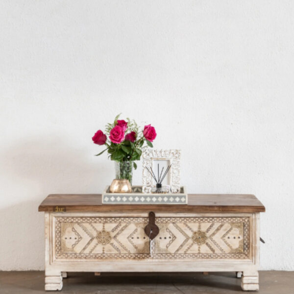 Havi Wooden Brass Fitted Storage Trunk Coffee Table | wooden trunk box online | wood coffee table | JAE Furniture
