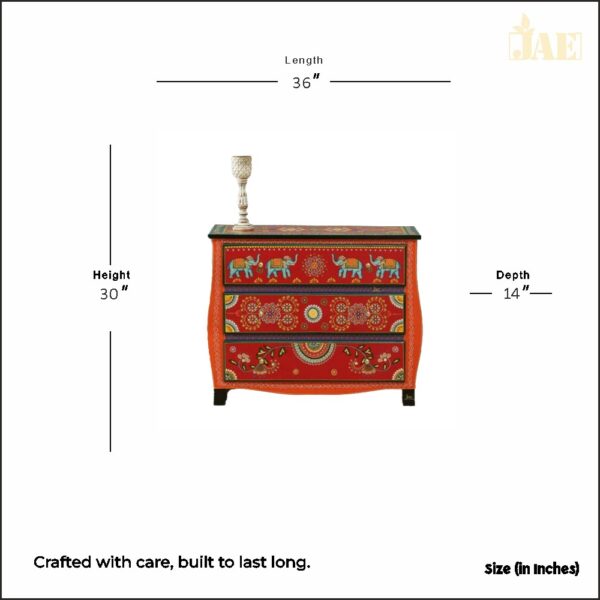 Amrit Wooden Chest of Drawers in Red Finish - Size Image. Size (in inches) : 36 L X 14 D X 30 H | buy chest of drawers online | Handpainted Furniture | JAE Furniture