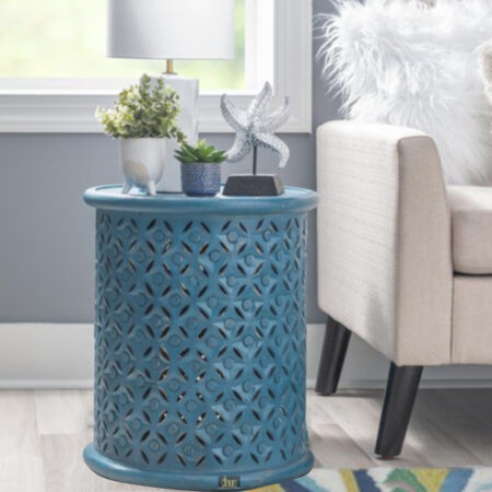 Silva Wooden Carved Side table (Blue Distress)