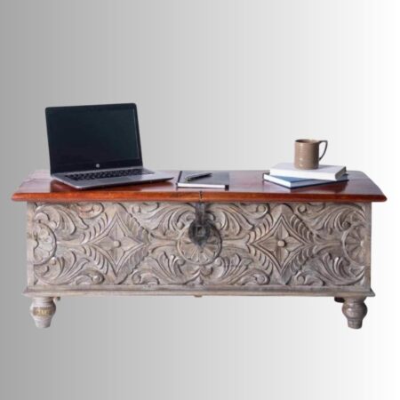 Sobero Wooden Carved Trunk Centre Table | wood coffee table online | wooden trunk box | JAE Furniture