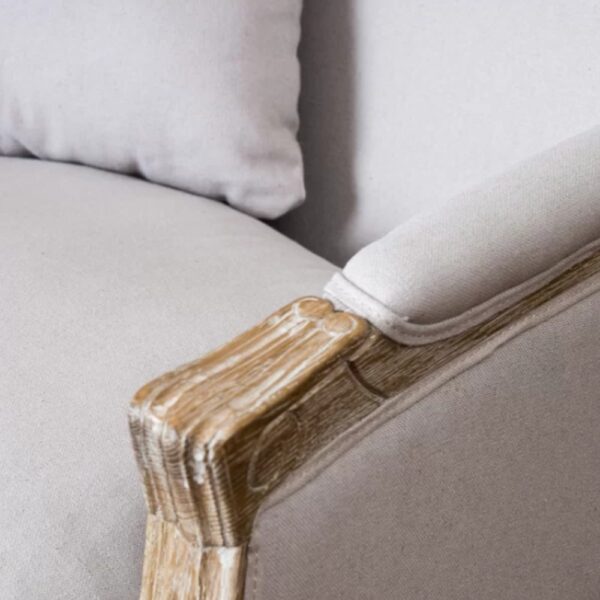 Wifae Wooden Upholstered Designer Arm Chair - Wooden Arms Detailed Shot. Handcrafted with care