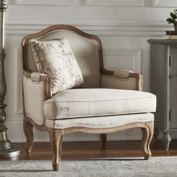 Asami Wooden Upholstered Arm Chair in luxurious Brown upholstery and stunning Mango wood grain.