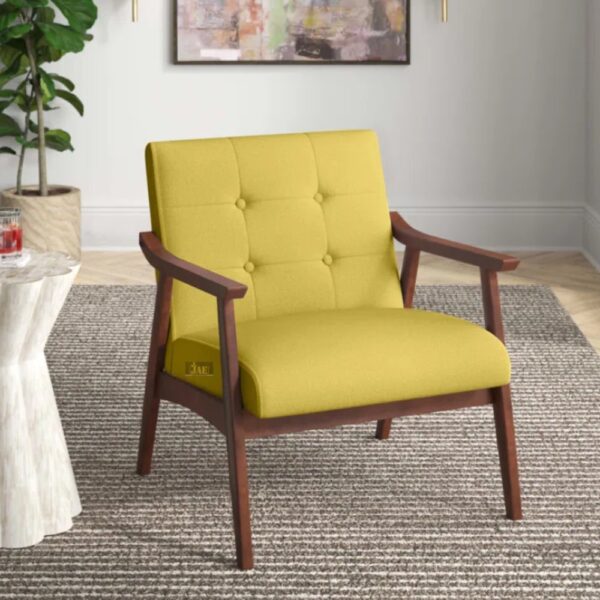 Pearl Wooden Upholstered Arm Chair (Yellow) in a radiant Yellow upholstery and warm Teak finish.