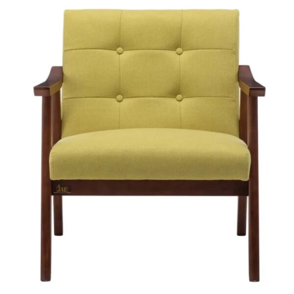 Invest in sunshine & comfort with the Pearl Wooden Upholstered Arm chair in yellow. Front Angle Photo of Yellow Arm Chair.