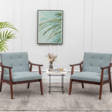 Pearl Wooden Upholstered Arm Chair Set of Two (Gray Blue) in a calming Gray Blue upholstery and warm Teak finish.