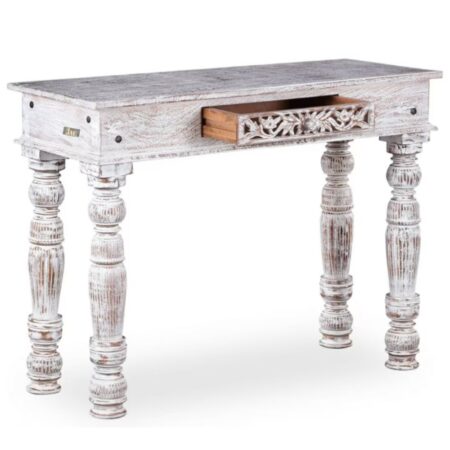 Kover Wooden Carved Foyer Table - The tabletop offers ample space to display your favorite decor items, family photographs, or a vase of fresh flowers, allowing you to personalize your foyer with a touch of your unique style.