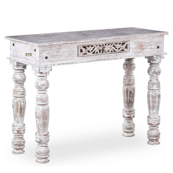 The Kover Wooden Carved Foyer Table in White Distress - an enchanting piece that will elevate the beauty of your foyer with its exquisite design and timeless appeal.