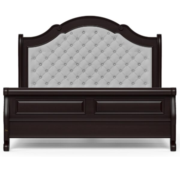Umaid Wooden Designer Solid Wood Bed in a rich Walnut finish, showcasing its king-sized grandeur and intricate headboard details.