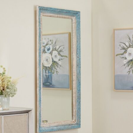 Sapeo Wooden Carved Mirror Frame bathed in sunlight, showcasing its White Blue Distress finish and intricate carvings.